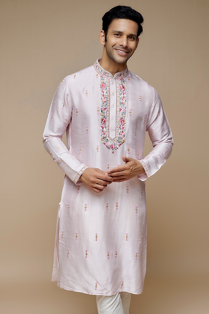 Baby Pink Tussar Hand & Machine Embroidered Handcrafted Kurta Set by SAMMOHAN at Pernia's Pop Up Shop