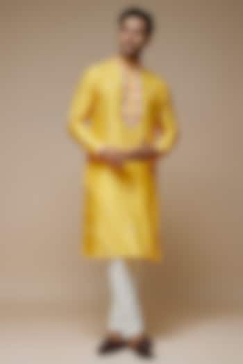 Yellow Tussar Abla Hand & Machine Embroidered Handcrafted Kurta Set by SAMMOHAN