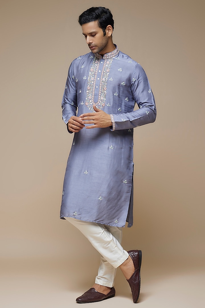 Grey Tussar Hand & Machine Embroidered Handcrafted Kurta Set by SAMMOHAN