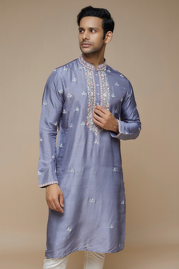 Grey Tussar Hand & Machine Embroidered Handcrafted Kurta Set by SAMMOHAN at Pernia's Pop Up Shop