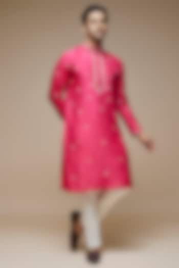 Pink Tussar Hand & Machine Embroidered Handcrafted Kurta Set by SAMMOHAN