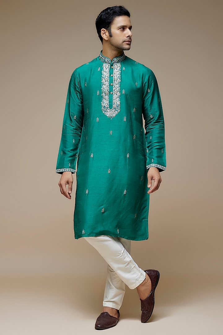 Green Tussar Hand & Machine Embroidered Handcrafted Kurta Set by SAMMOHAN