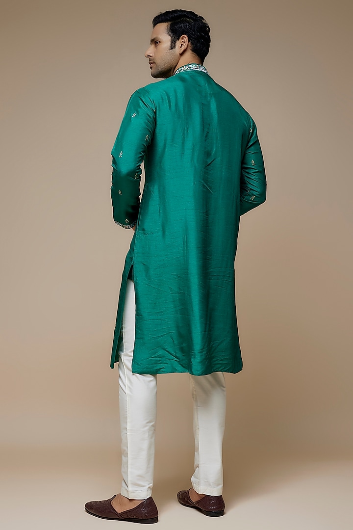 Green Tussar Hand & Machine Embroidered Handcrafted Kurta Set by SAMMOHAN at Pernia's Pop Up Shop