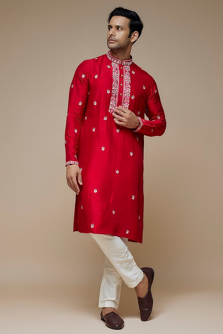 Red Tussar Hand & Machine Embroidered Handcrafted Kurta Set by SAMMOHAN