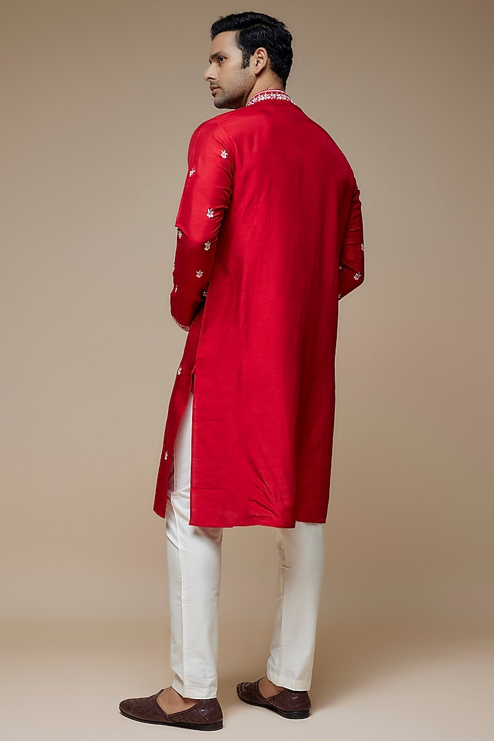 Red Tussar Hand & Machine Embroidered Handcrafted Kurta Set by SAMMOHAN at Pernia's Pop Up Shop