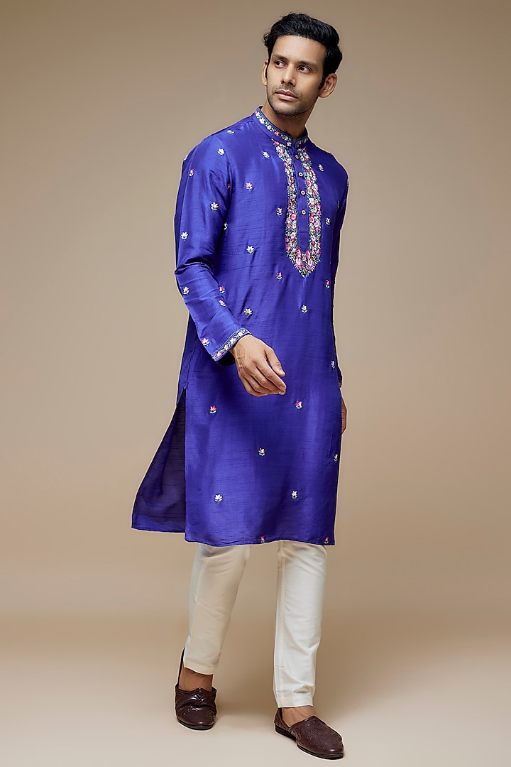 Purple Tussar Hand & Machine Embroidered Handcrafted Kurta Set by SAMMOHAN