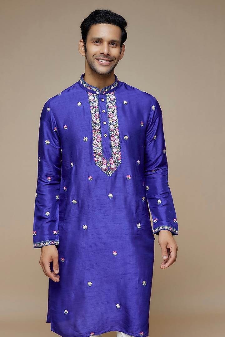 Purple Tussar Hand & Machine Embroidered Handcrafted Kurta Set by SAMMOHAN at Pernia's Pop Up Shop