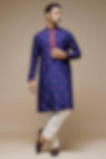 Blue Tussar Hand & Machine Embroidered Handcrafted Kurta Set by SAMMOHAN