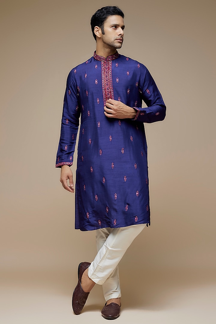 Blue Tussar Hand & Machine Embroidered Handcrafted Kurta Set by SAMMOHAN