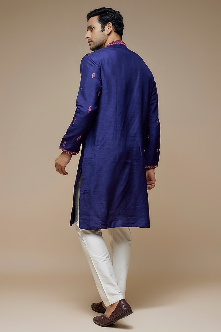 Blue Tussar Hand & Machine Embroidered Handcrafted Kurta Set by SAMMOHAN at Pernia's Pop Up Shop