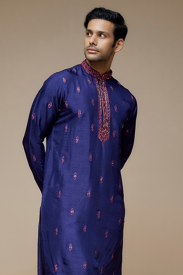 Blue Tussar Hand & Machine Embroidered Handcrafted Kurta Set by SAMMOHAN at Pernia's Pop Up Shop