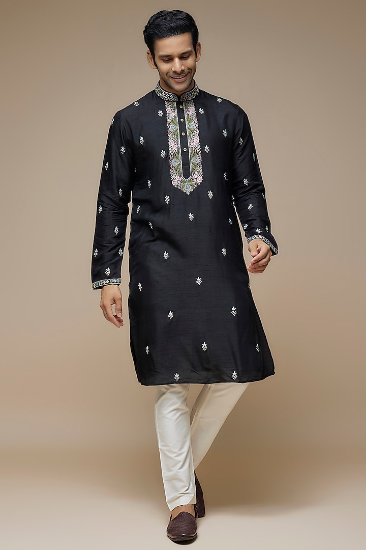 Black Tussar Hand & Machine Embroidered Handcrafted Kurta Set by SAMMOHAN