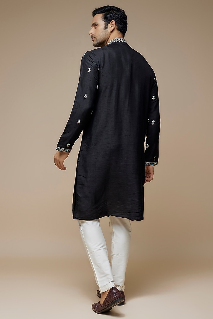 Black Tussar Hand & Machine Embroidered Handcrafted Kurta Set by SAMMOHAN at Pernia's Pop Up Shop
