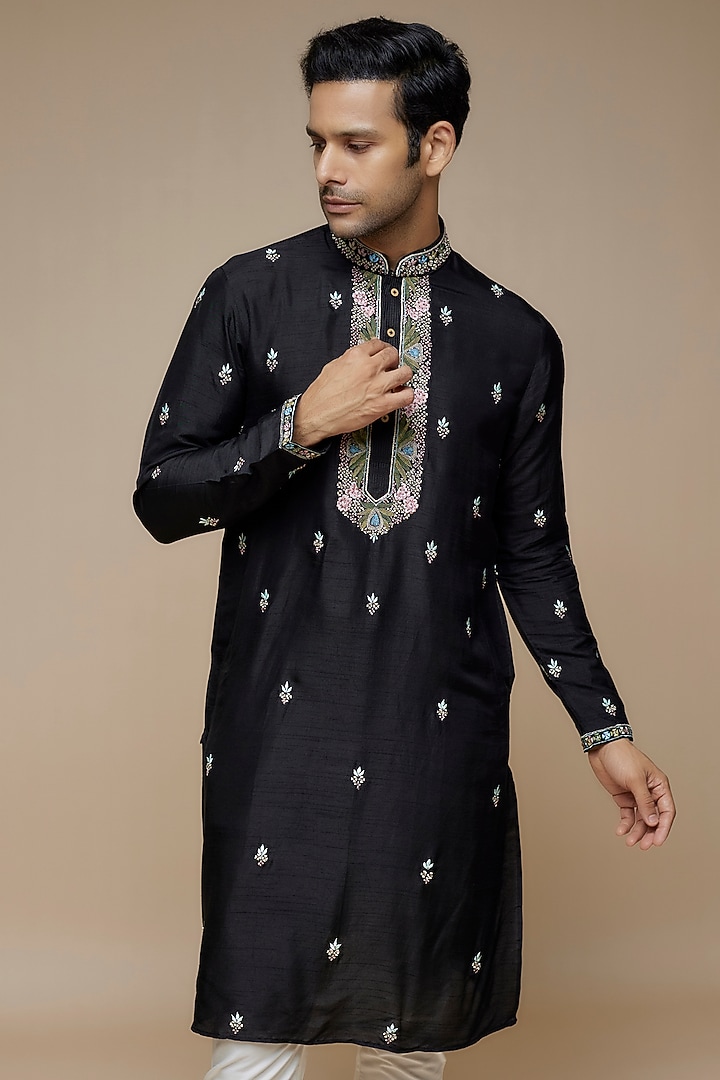 Black Tussar Hand & Machine Embroidered Handcrafted Kurta Set by SAMMOHAN at Pernia's Pop Up Shop