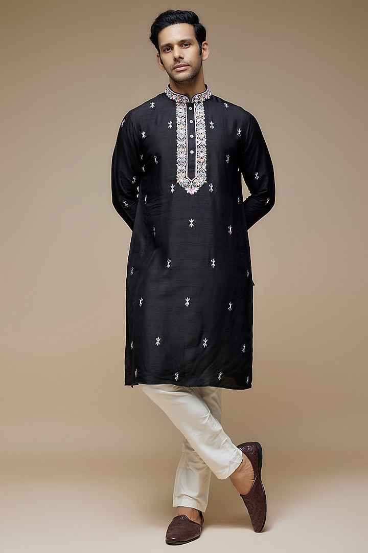 Black Tussar Hand & Machine Embroidered Handcrafted Kurta Set by SAMMOHAN