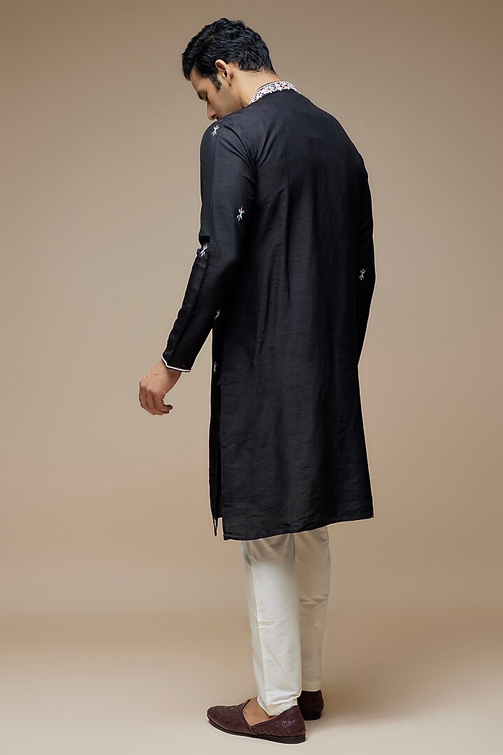 Black Tussar Hand & Machine Embroidered Handcrafted Kurta Set by SAMMOHAN at Pernia's Pop Up Shop