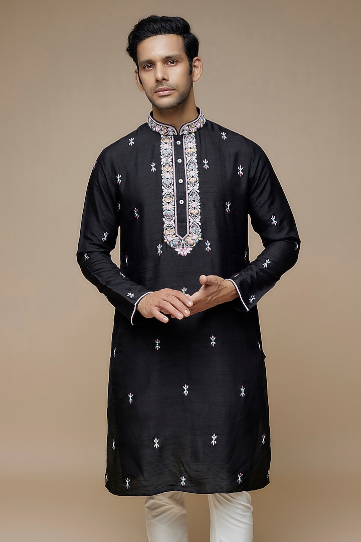 Black Tussar Hand & Machine Embroidered Handcrafted Kurta Set by SAMMOHAN at Pernia's Pop Up Shop