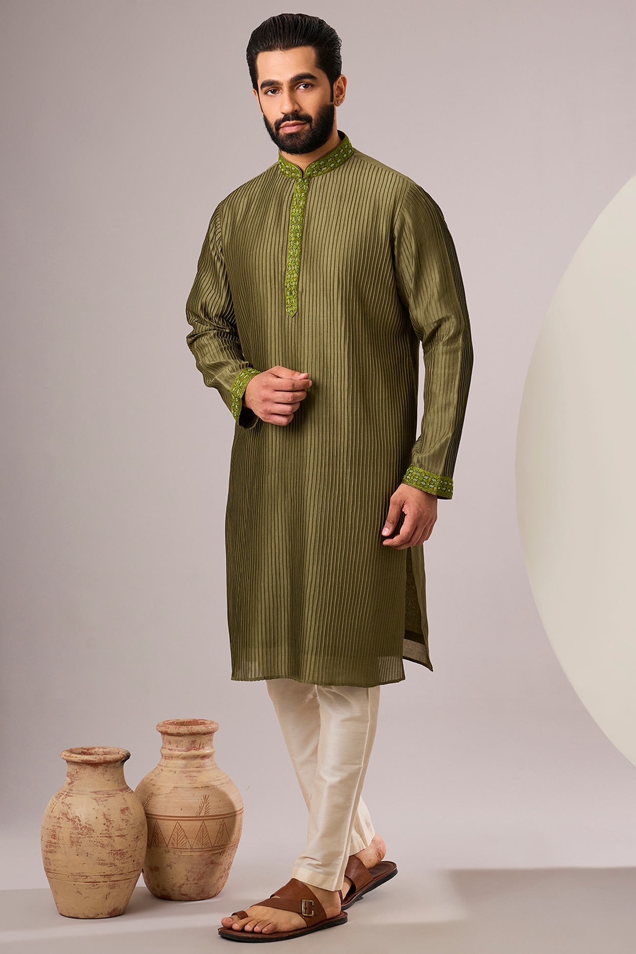 SAMMOHAN Green Silk Kurta Set