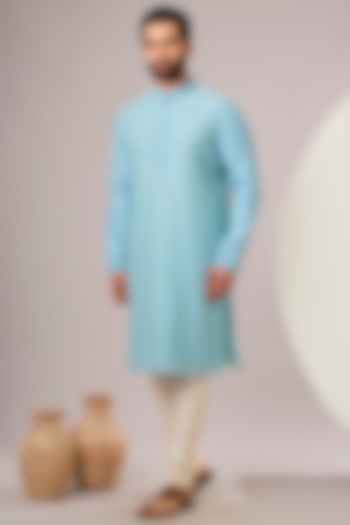 Light Blue Silk Kurta Set by SAMMOHAN at Pernia's Pop Up Shop