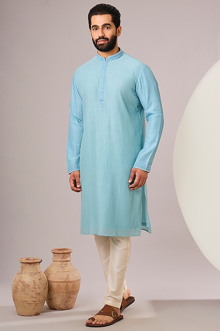Light Blue Silk Kurta Set by SAMMOHAN at Pernia's Pop Up Shop