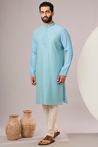 Light Blue Silk Kurta Set by SAMMOHAN