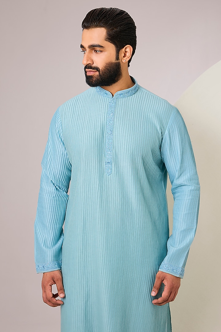Light Blue Silk Kurta Set by SAMMOHAN at Pernia's Pop Up Shop