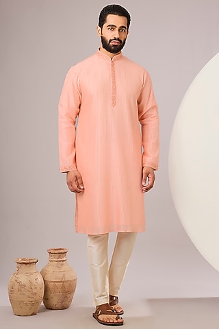 Peach Silk Kurta Set by SAMMOHAN