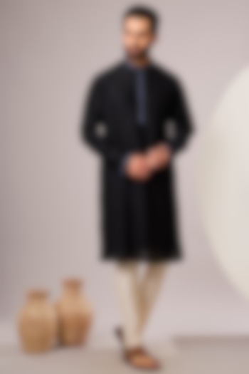 Jet Black Silk Kurta Set by SAMMOHAN at Pernia's Pop Up Shop