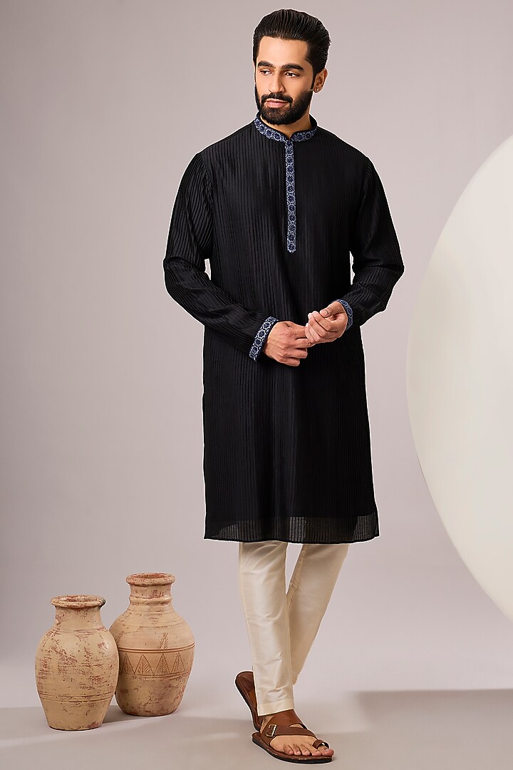 Jet Black Silk Kurta Set by SAMMOHAN at Pernia's Pop Up Shop