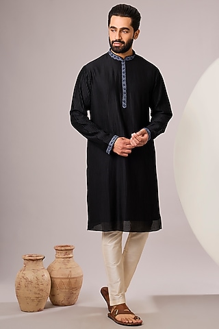 Jet Black Silk Kurta Set by SAMMOHAN
