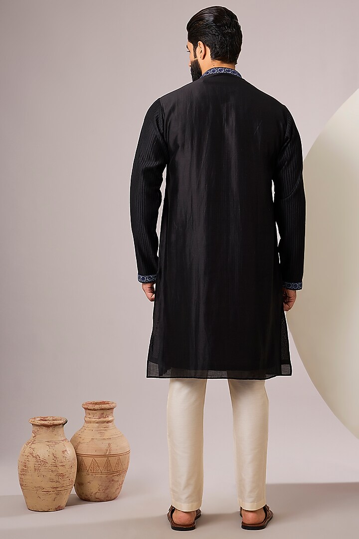 Jet Black Silk Kurta Set by SAMMOHAN at Pernia's Pop Up Shop