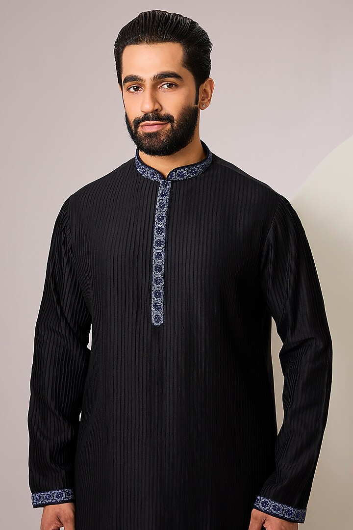 Jet Black Silk Kurta Set by SAMMOHAN at Pernia's Pop Up Shop