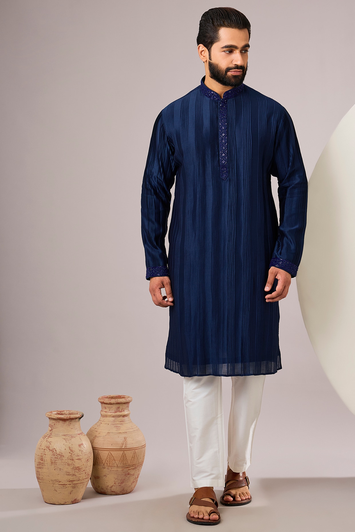 SAMMOHAN Navy Silk Kurta Set