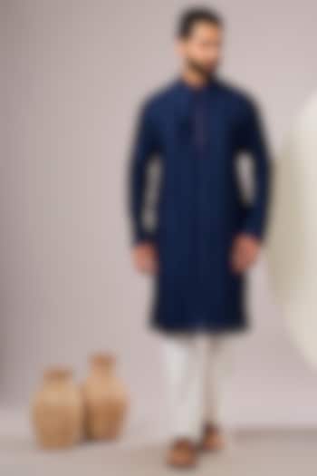 Navy Silk Kurta Set by SAMMOHAN at Pernia's Pop Up Shop