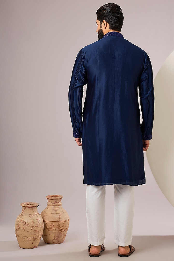 Navy Silk Kurta Set by SAMMOHAN at Pernia's Pop Up Shop
