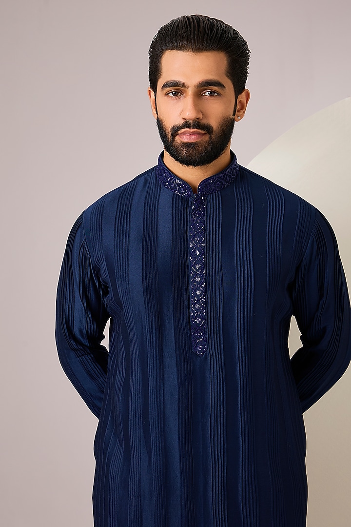 Navy Silk Kurta Set by SAMMOHAN at Pernia's Pop Up Shop