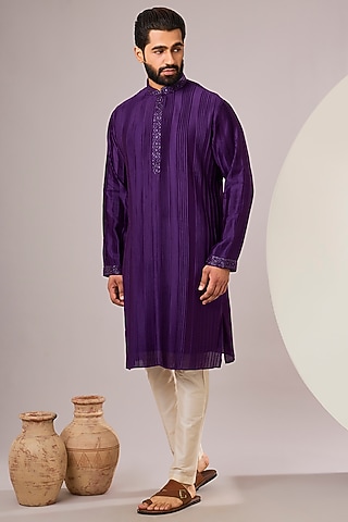 Purple Silk Kurta Set by SAMMOHAN