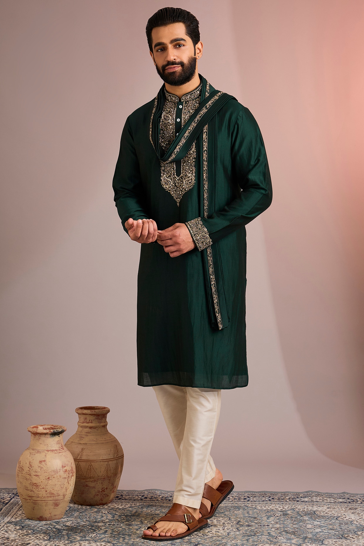 SAMMOHAN Emerald Green Silk Kurta Set