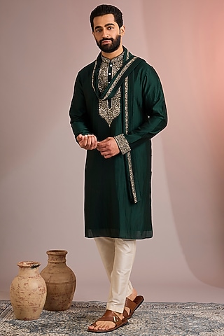 Emerald Green Silk Kurta Set by SAMMOHAN