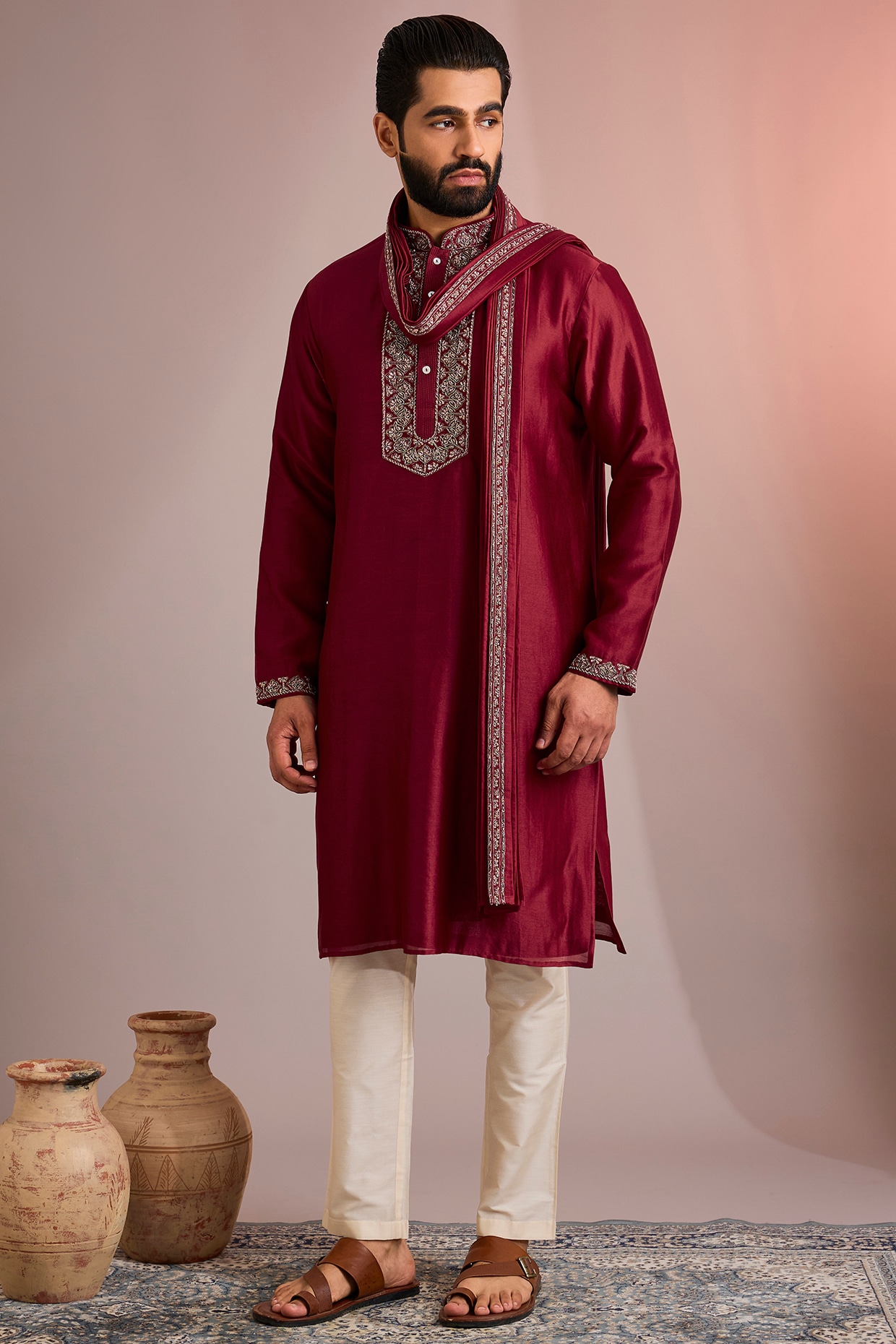 SAMMOHAN Red Silk Kurta Set