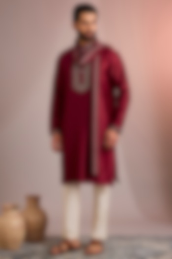 Red Silk Kurta Set by SAMMOHAN at Pernia's Pop Up Shop