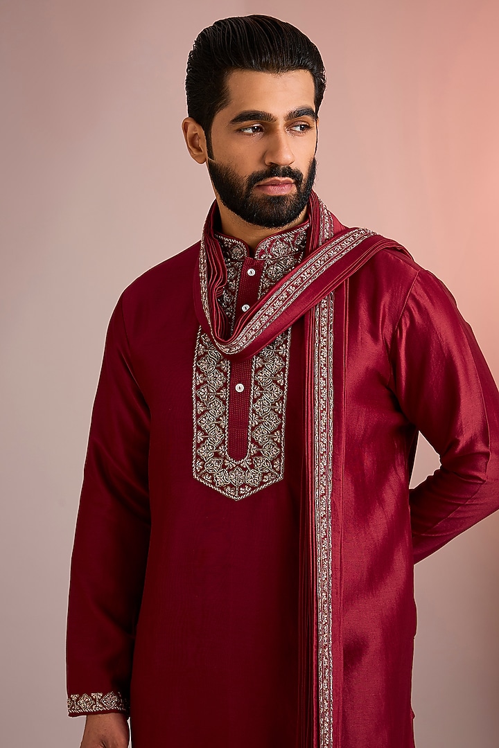 Red Silk Kurta Set by SAMMOHAN at Pernia's Pop Up Shop