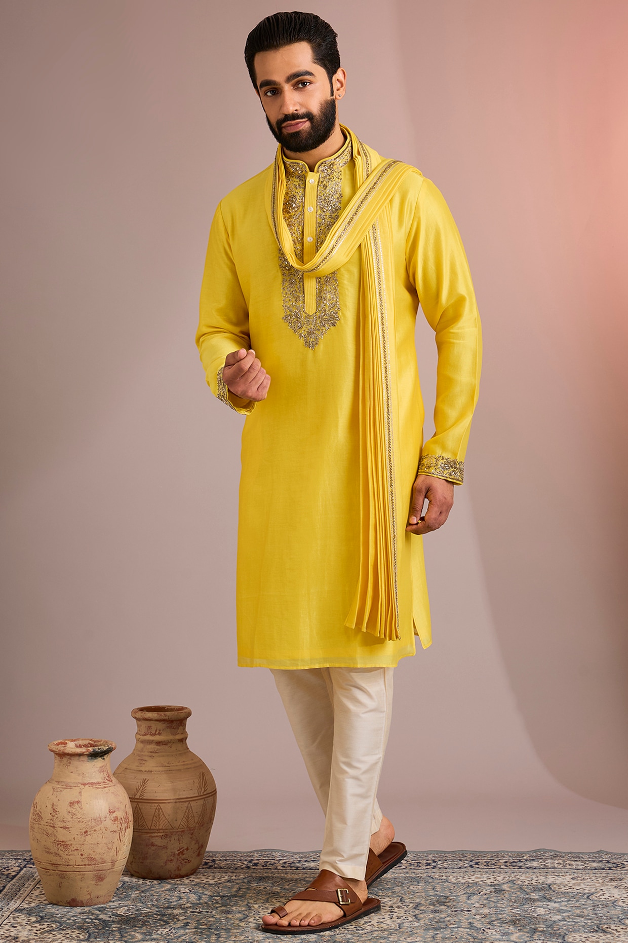 SAMMOHAN Yellow Silk Kurta Set