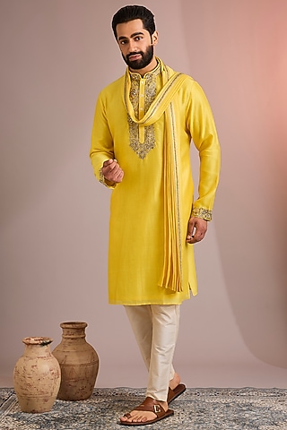 Yellow Silk Kurta Set by SAMMOHAN