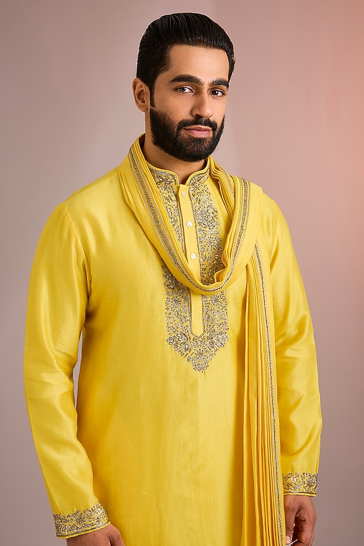 Yellow Silk Kurta Set by SAMMOHAN at Pernia's Pop Up Shop