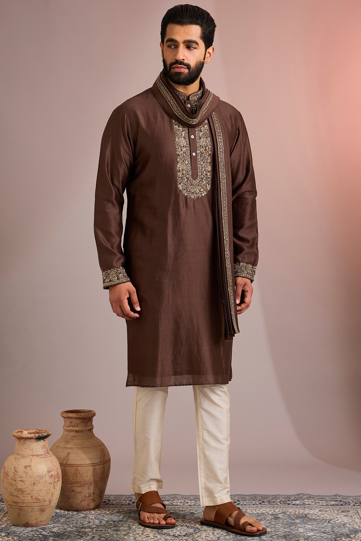 SAMMOHAN Brown Silk Kurta Set