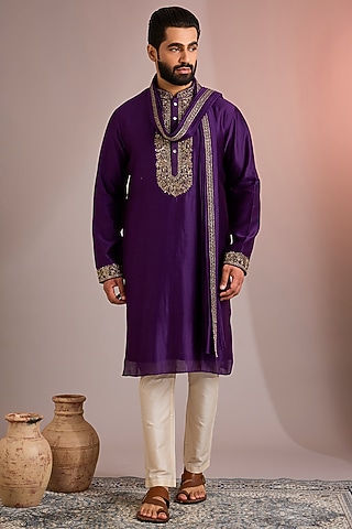 Purple Silk Kurta Set by SAMMOHAN