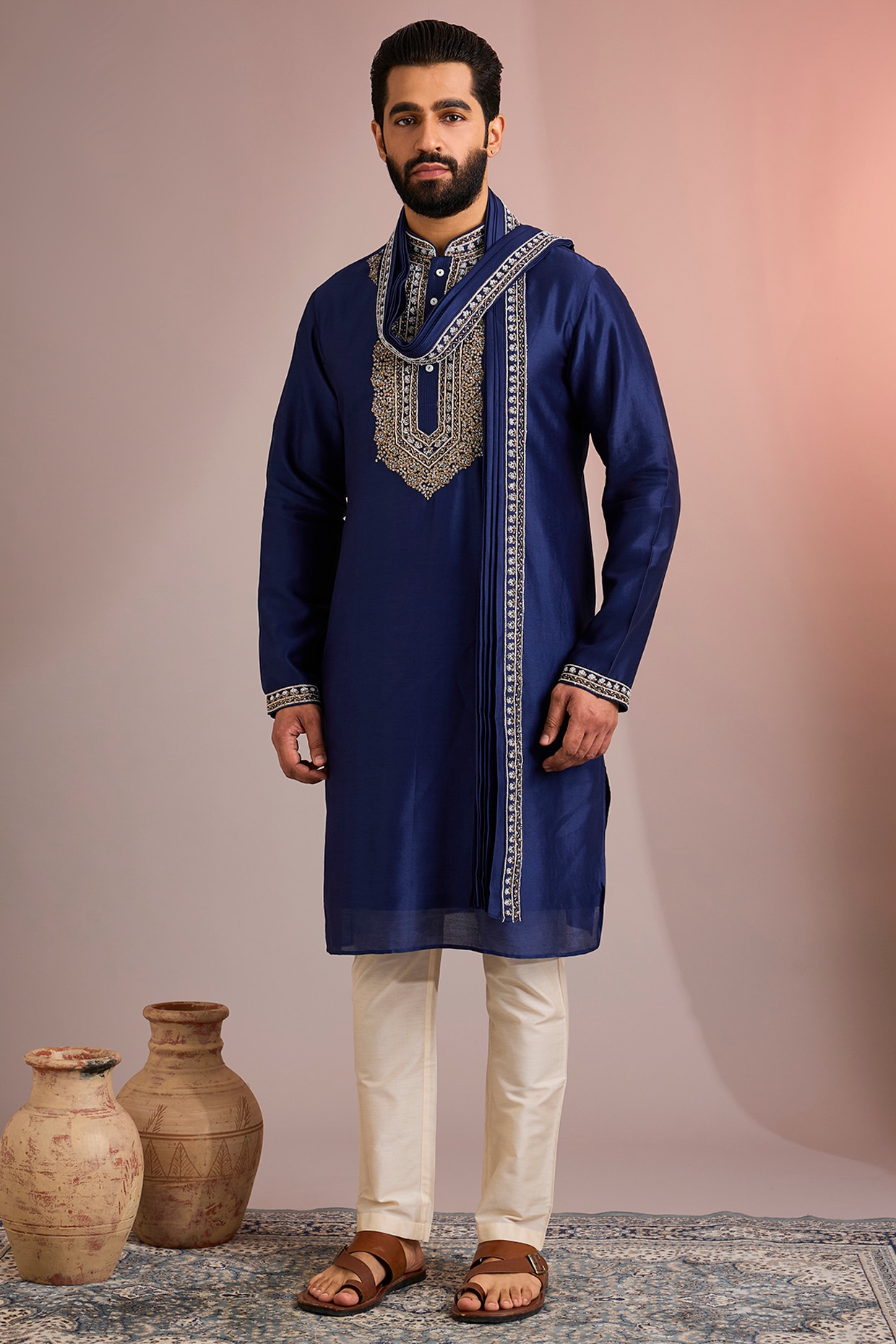 SAMMOHAN Navy Silk Kurta Set
