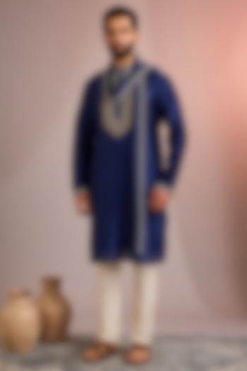 Navy Silk Kurta Set by SAMMOHAN at Pernia's Pop Up Shop