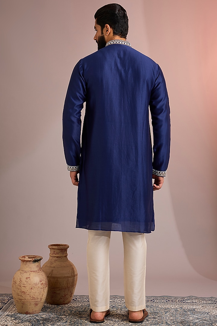 Navy Silk Kurta Set by SAMMOHAN at Pernia's Pop Up Shop